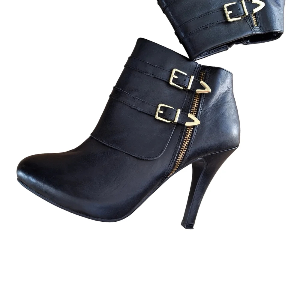 Me Too Lennon Womens Black Leather Platform Heeled Bootie Ankle Boot sz 9.5M …